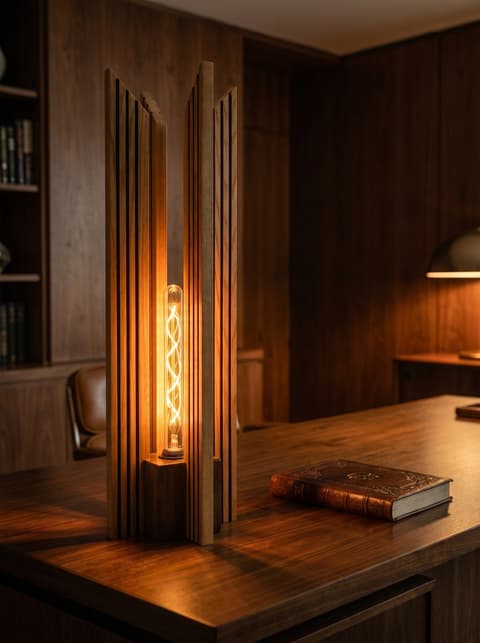 The Apex table lamp lit on a wooden desk, showing stepped ash fins with dark walnut inlay and a spiral-filament bulb