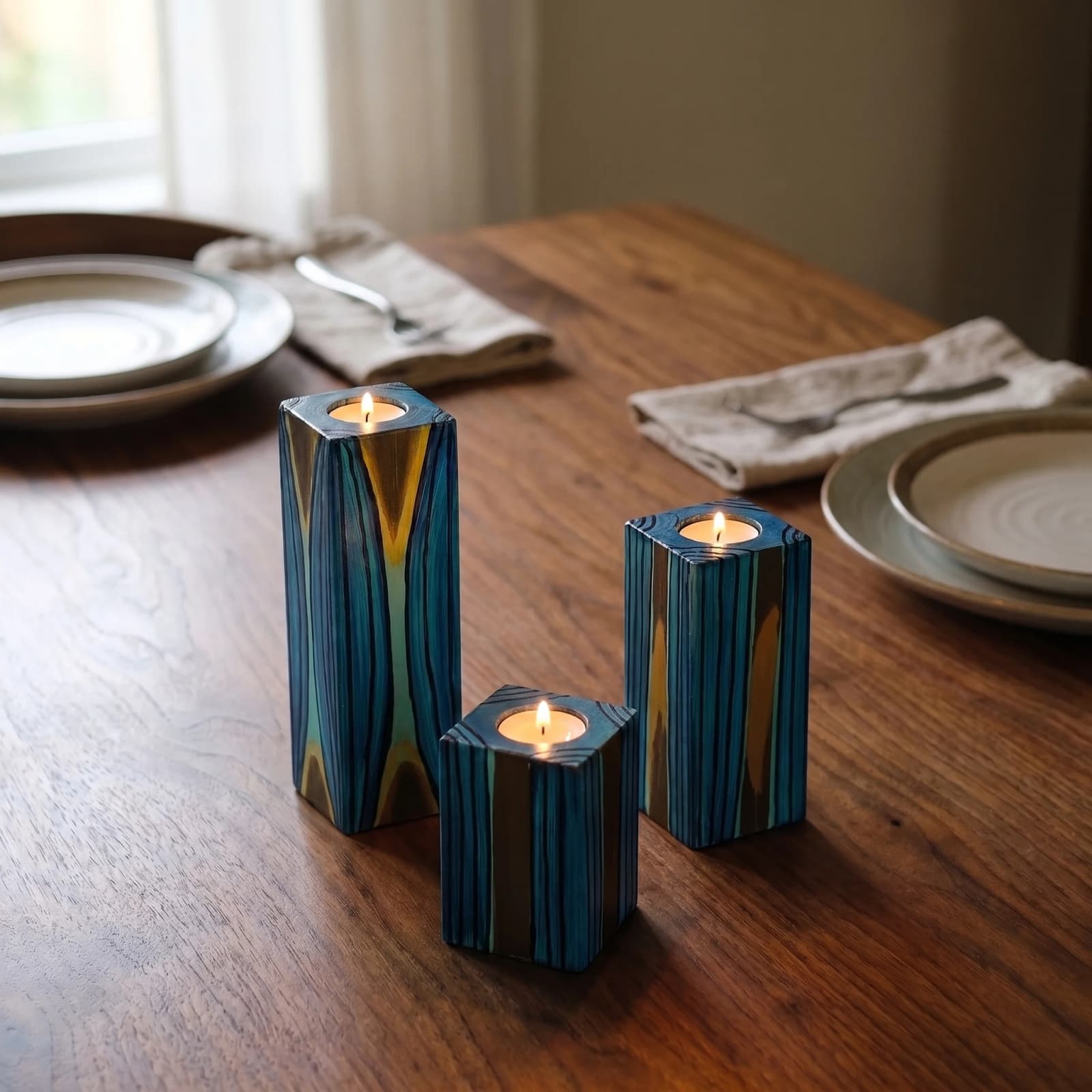 Abstract Geometric Wooden Tealight Holder Set (3-Piece) 5