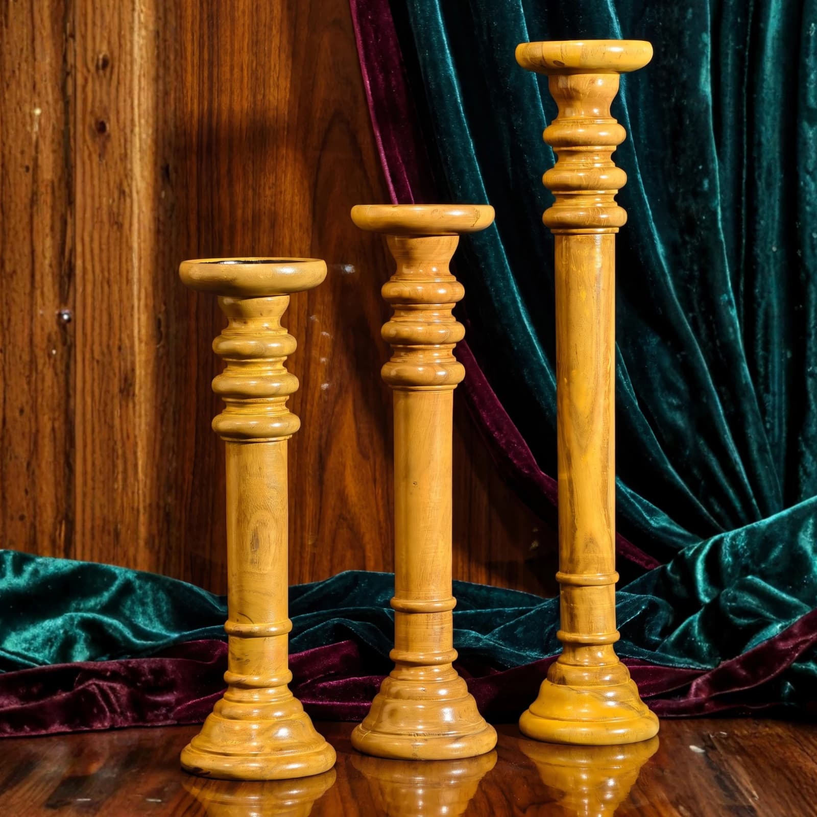 Tall Wood Pillar Candlestick Holder (Set of 3)