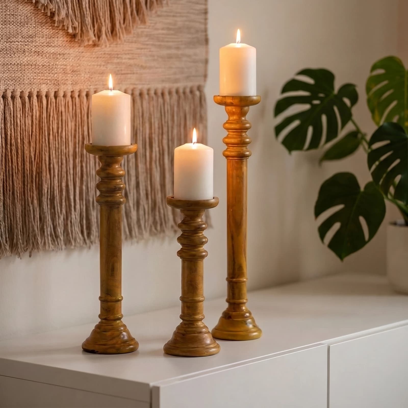 Tall Wood Pillar Candlestick Holder (Set of 3) view 1