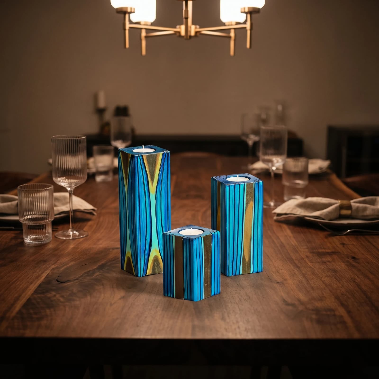 Abstract Geometric Wooden Tealight Holder Set (3-Piece) 4