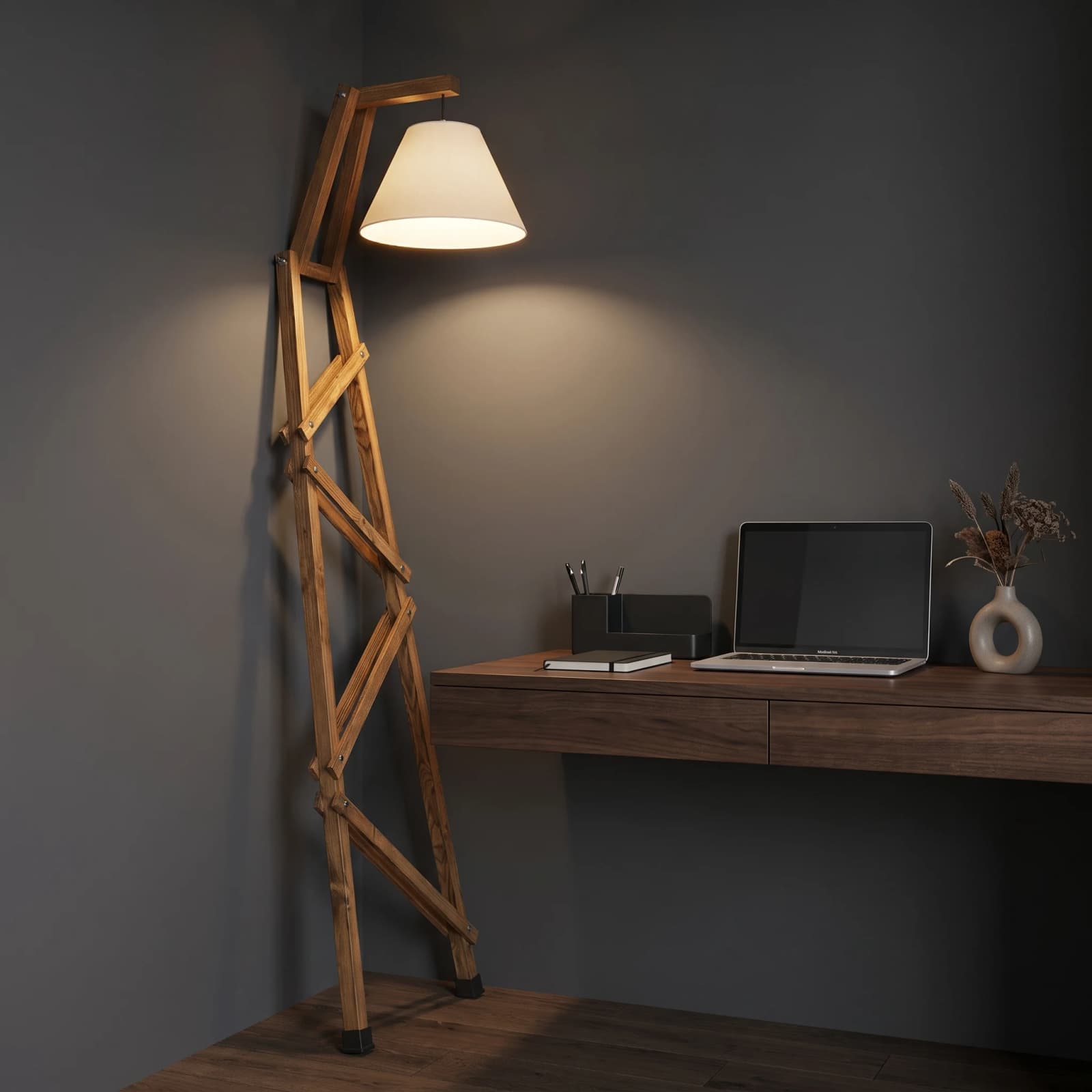 Wall Leaning Standing Floor Wooden Lamp
