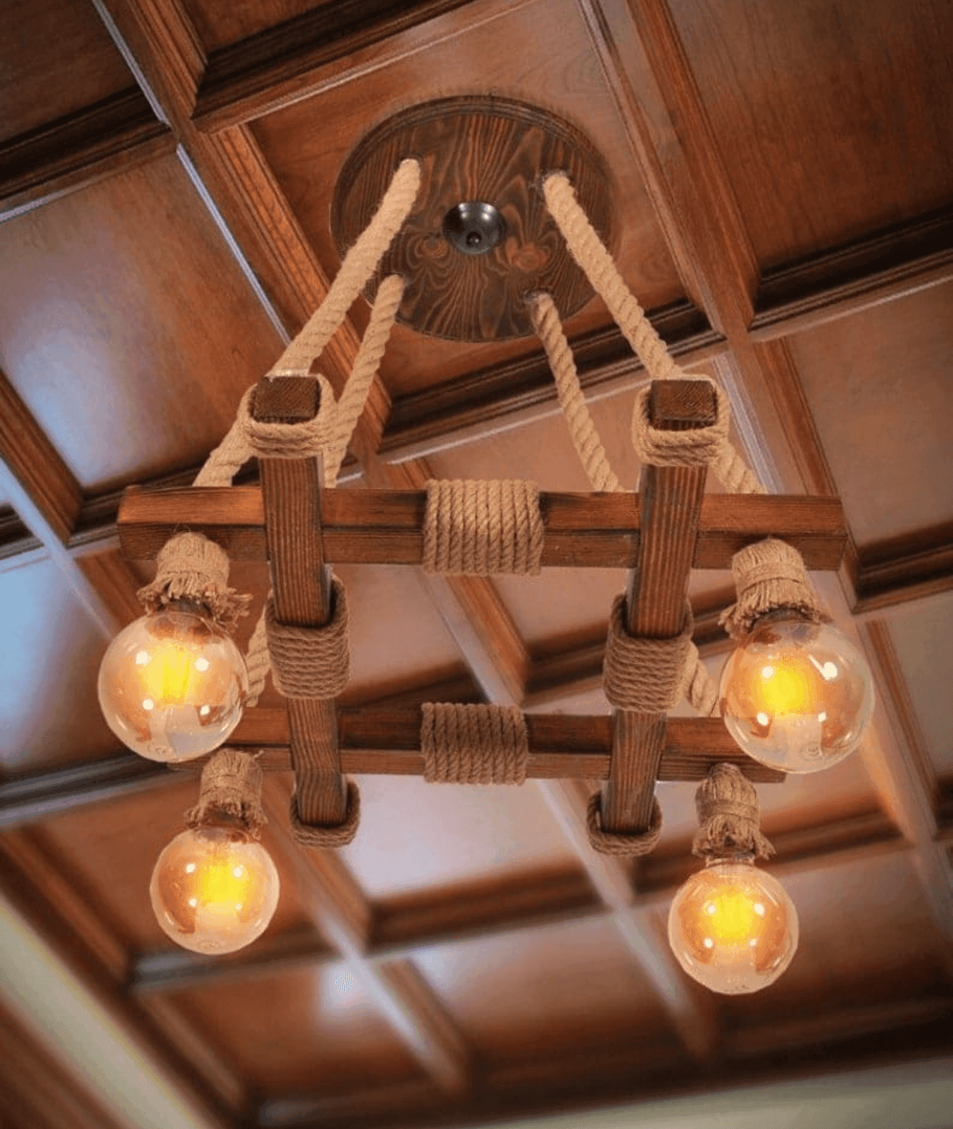 Rustic Rope Wooden 4 Lamp Square Chandelier