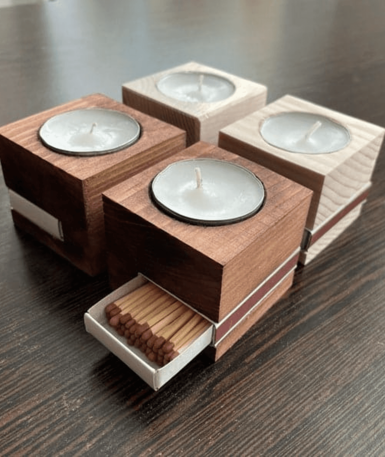 Wooden Tealight Holder With Match Box Holder