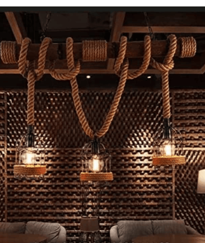 Hemp Rope Iron Chandelier Pendant Lamp by Lamp and Glow