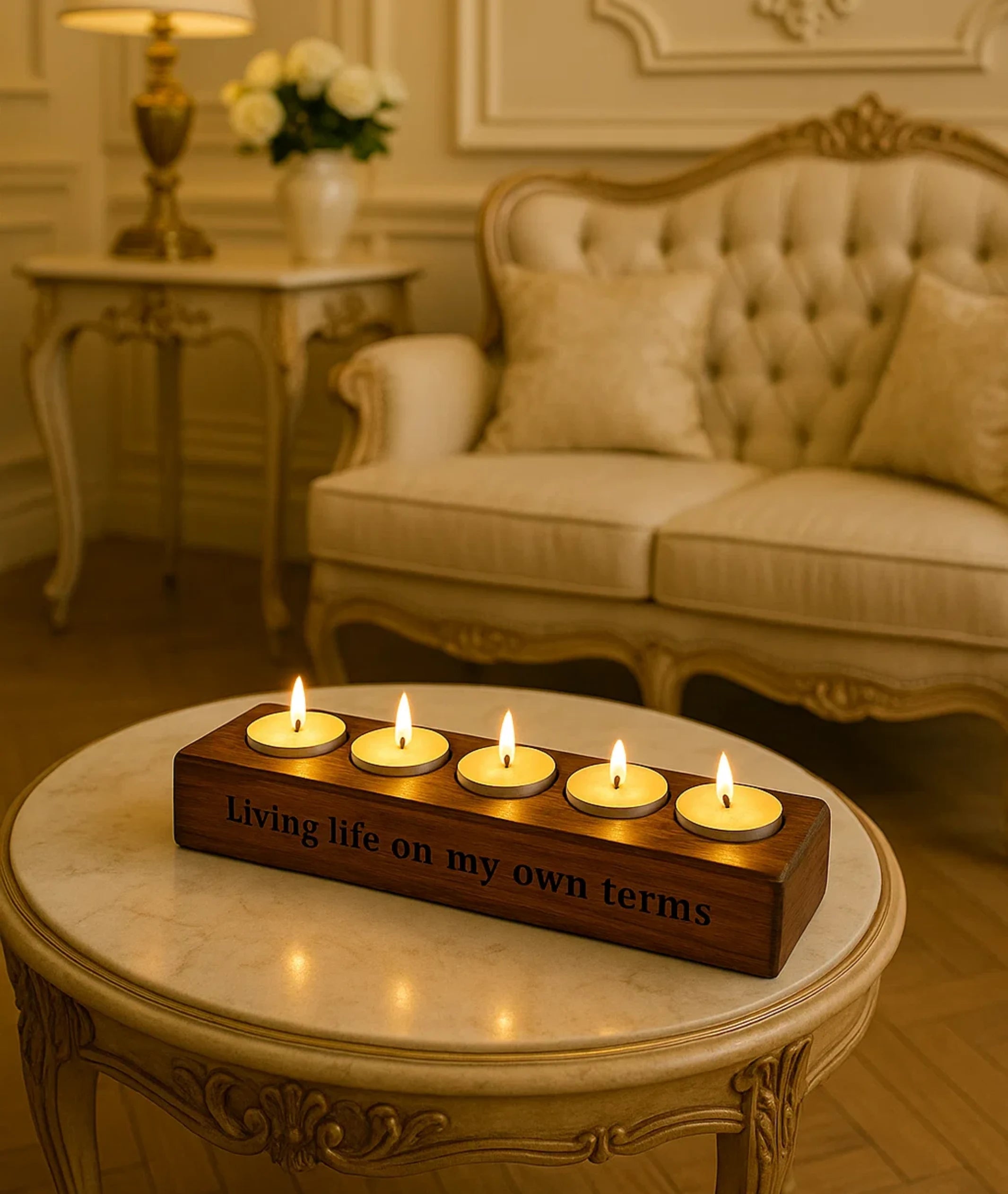 Carved Wooden Five Tealight Holder