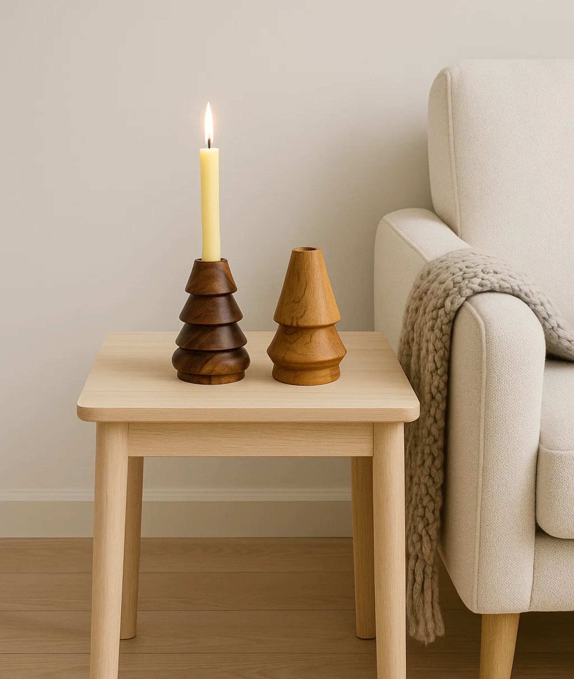Cone-Shaped Wooden Candlestick Holders