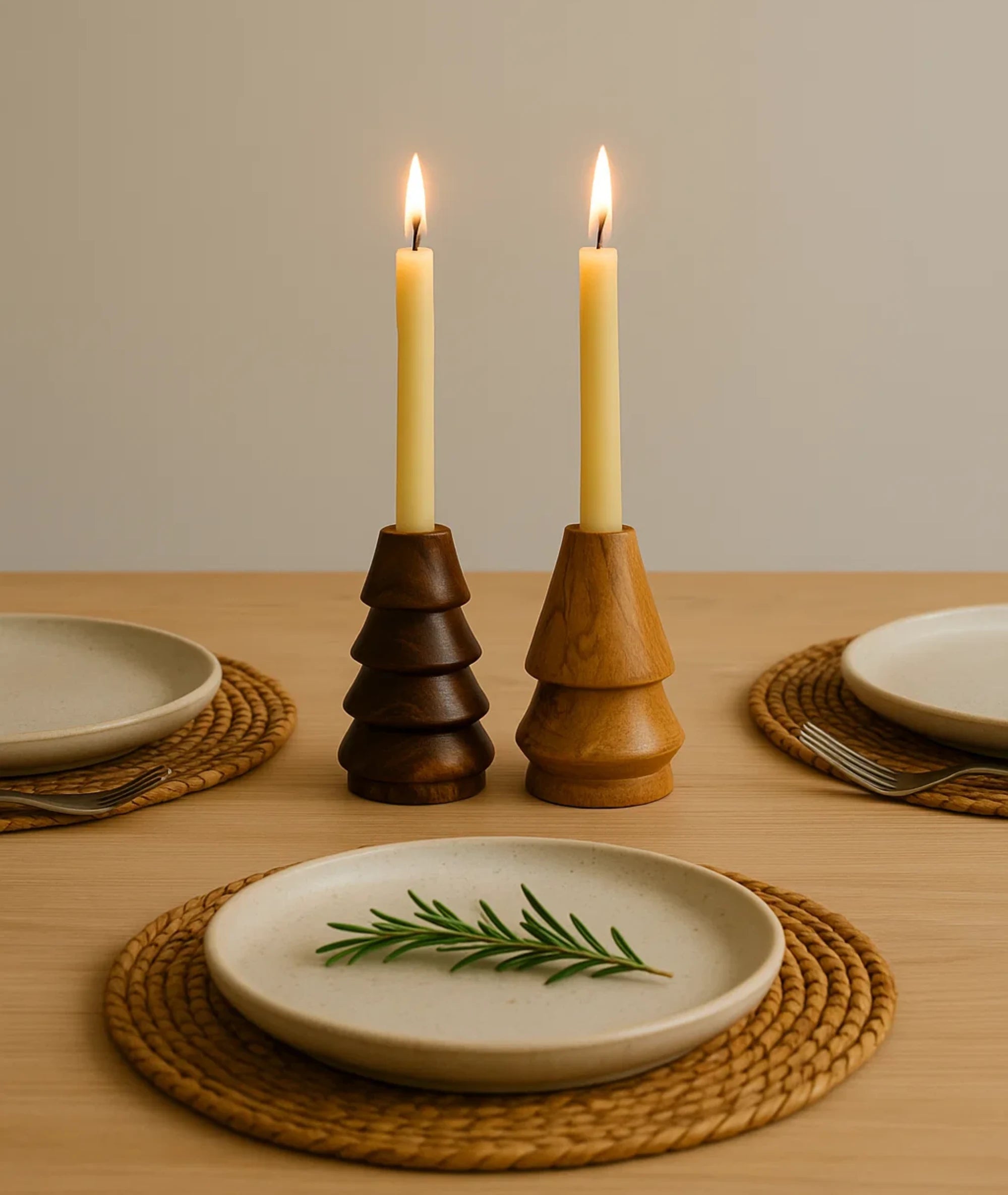 Cone-Shaped Wooden Candlestick Holders