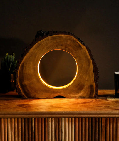 Rare Found Round Wooden Hollow Log Light Table Lamp