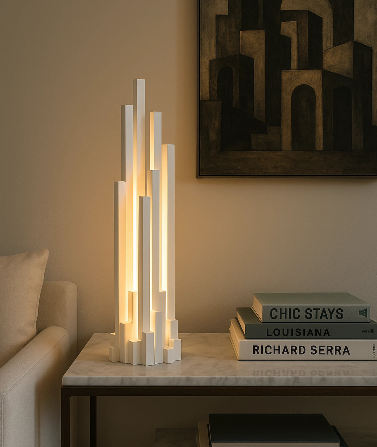 Sculpted Skyline Wooden Lamp