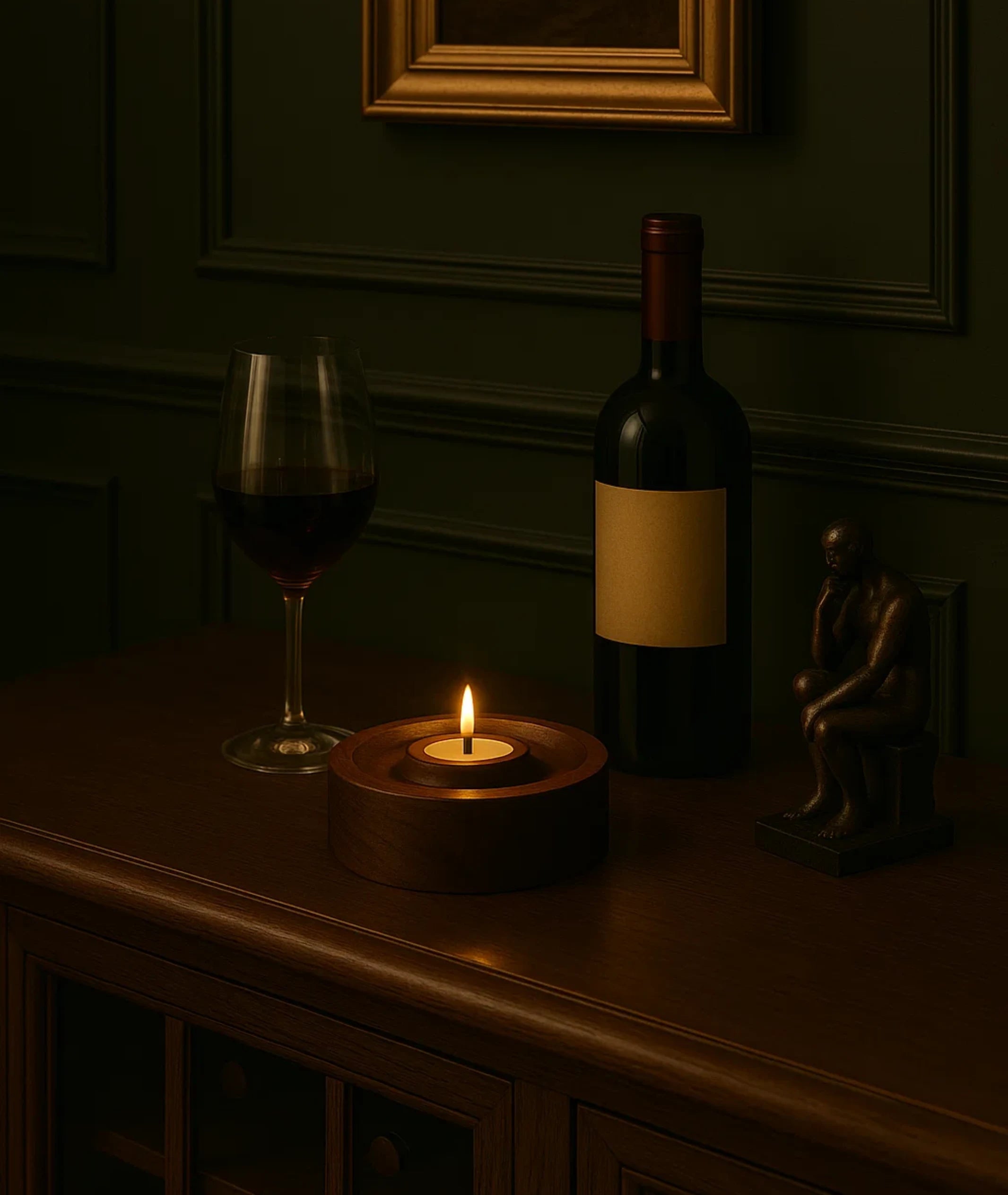 Vintage Teak Wood Round Tealight Candle Holder