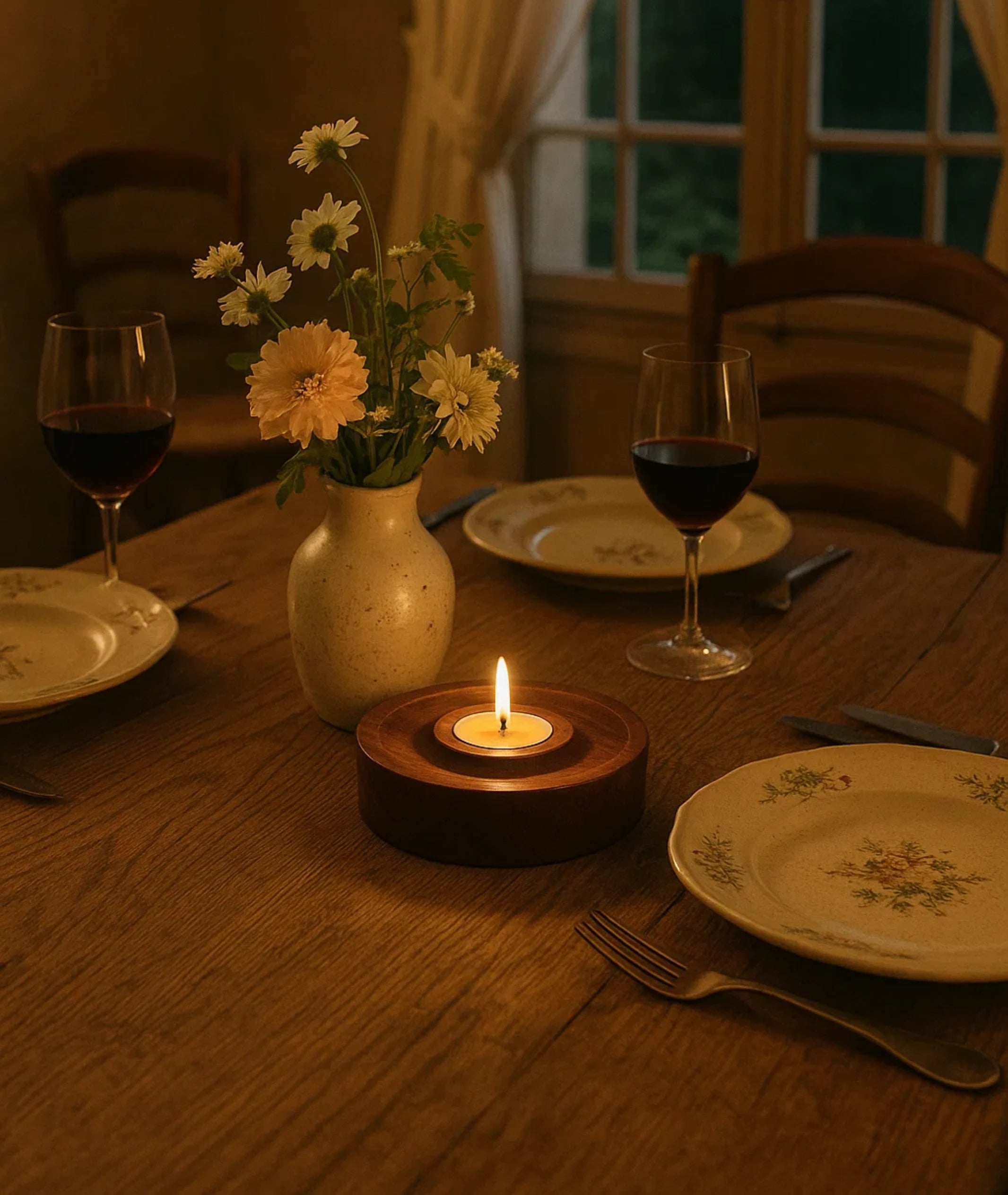 Vintage Teak Wood Round Tealight Candle Holder