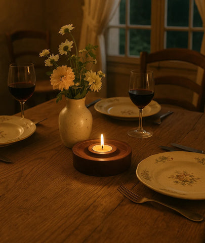 Vintage Teak Wood Round Tealight Candle Holder