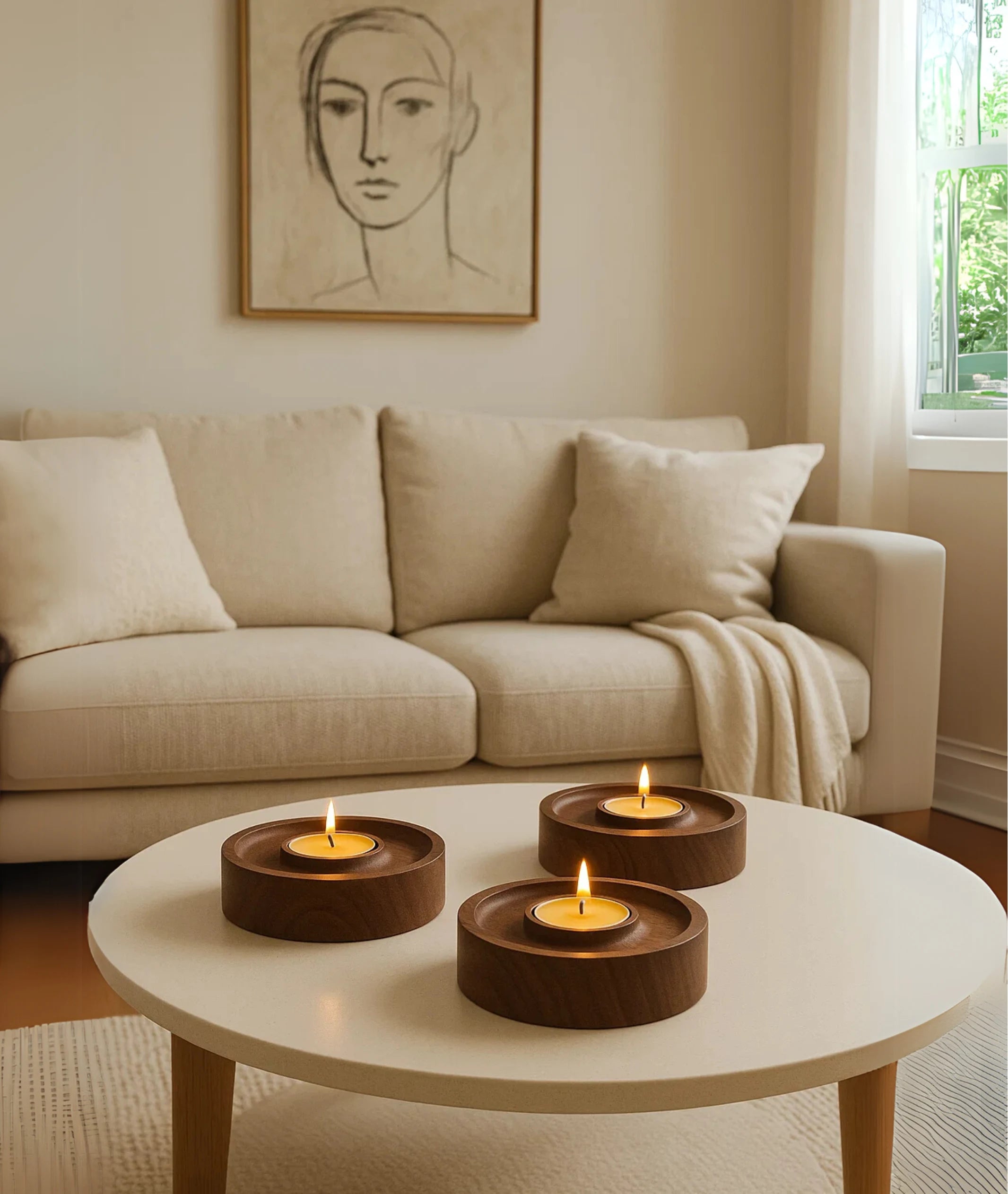 Vintage Teak Wood Round Tealight Candle Holder